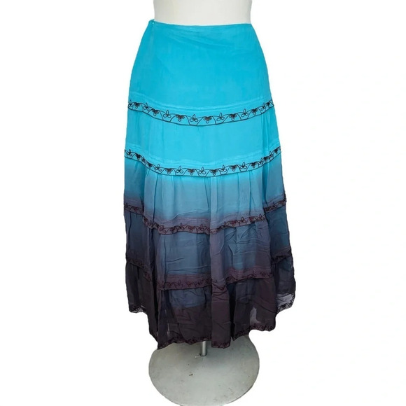 DEBBIE SHUCHAT Artsy Skirt Turquoise Brown Silk Tiered MIDI Lined Size M - Picture 3 of 5
